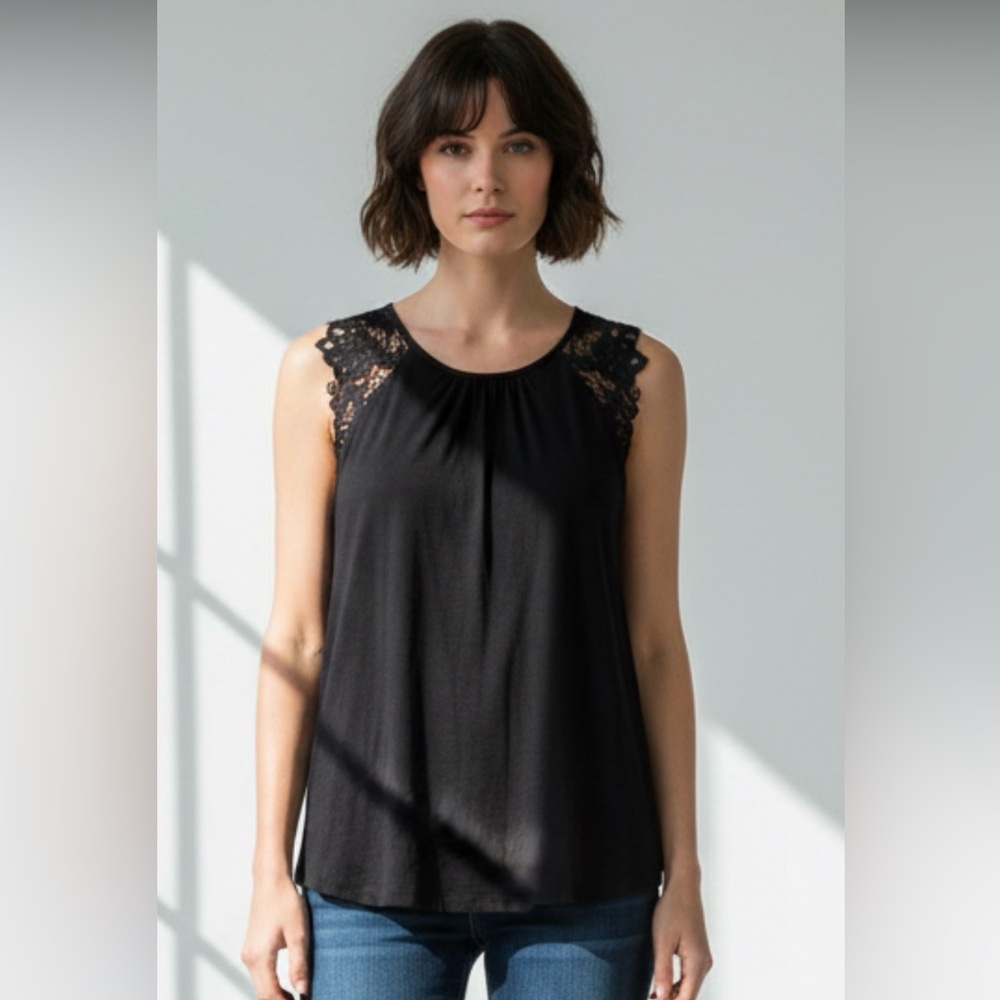 H&M Black Blouse, Embroidered Shoulders, Crew Neck, Oval Hem, Size Small